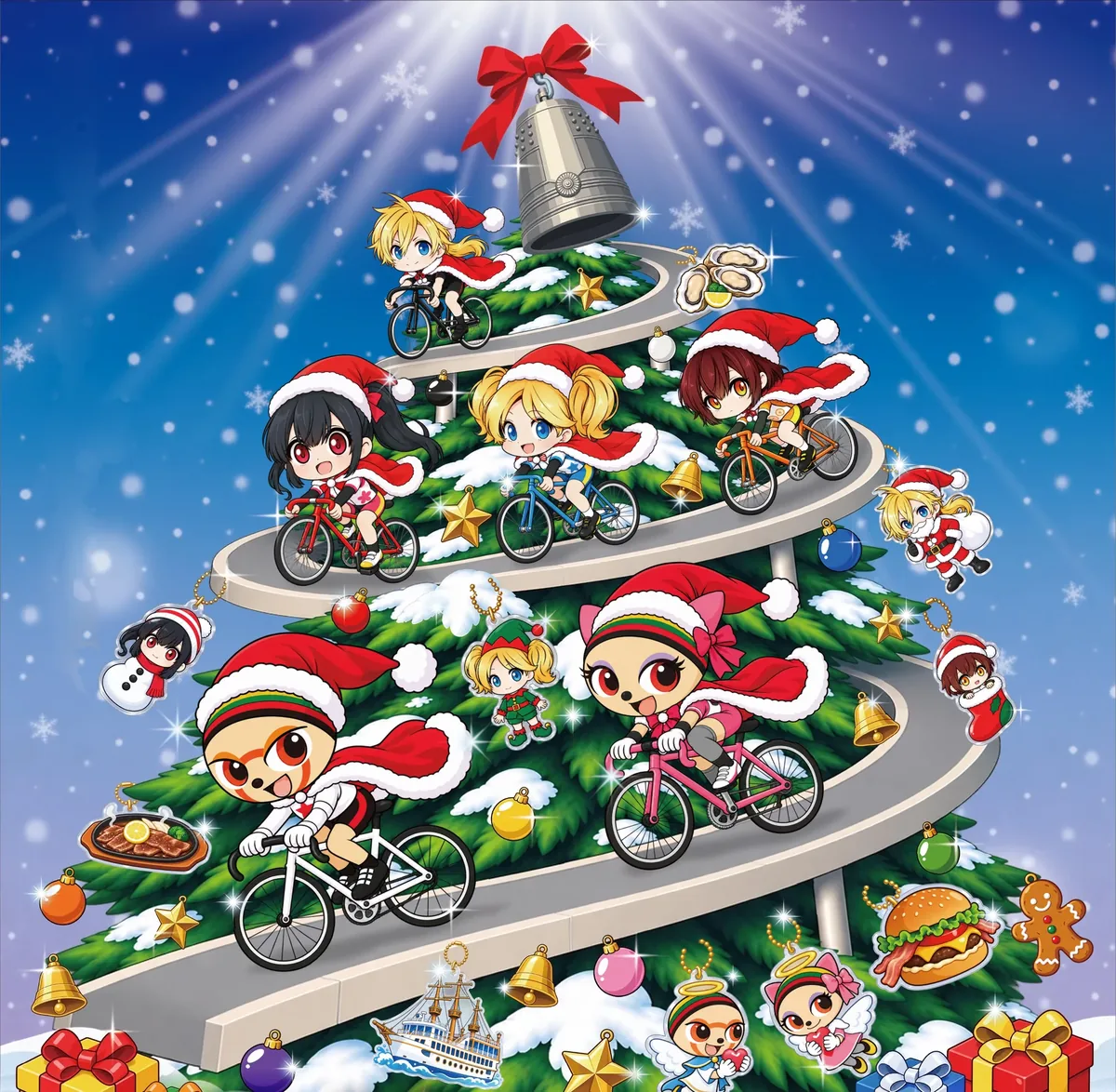雪のクリスマスツリーのらせんバンクを、6人のキャラクターが駆けるキービジュアル。